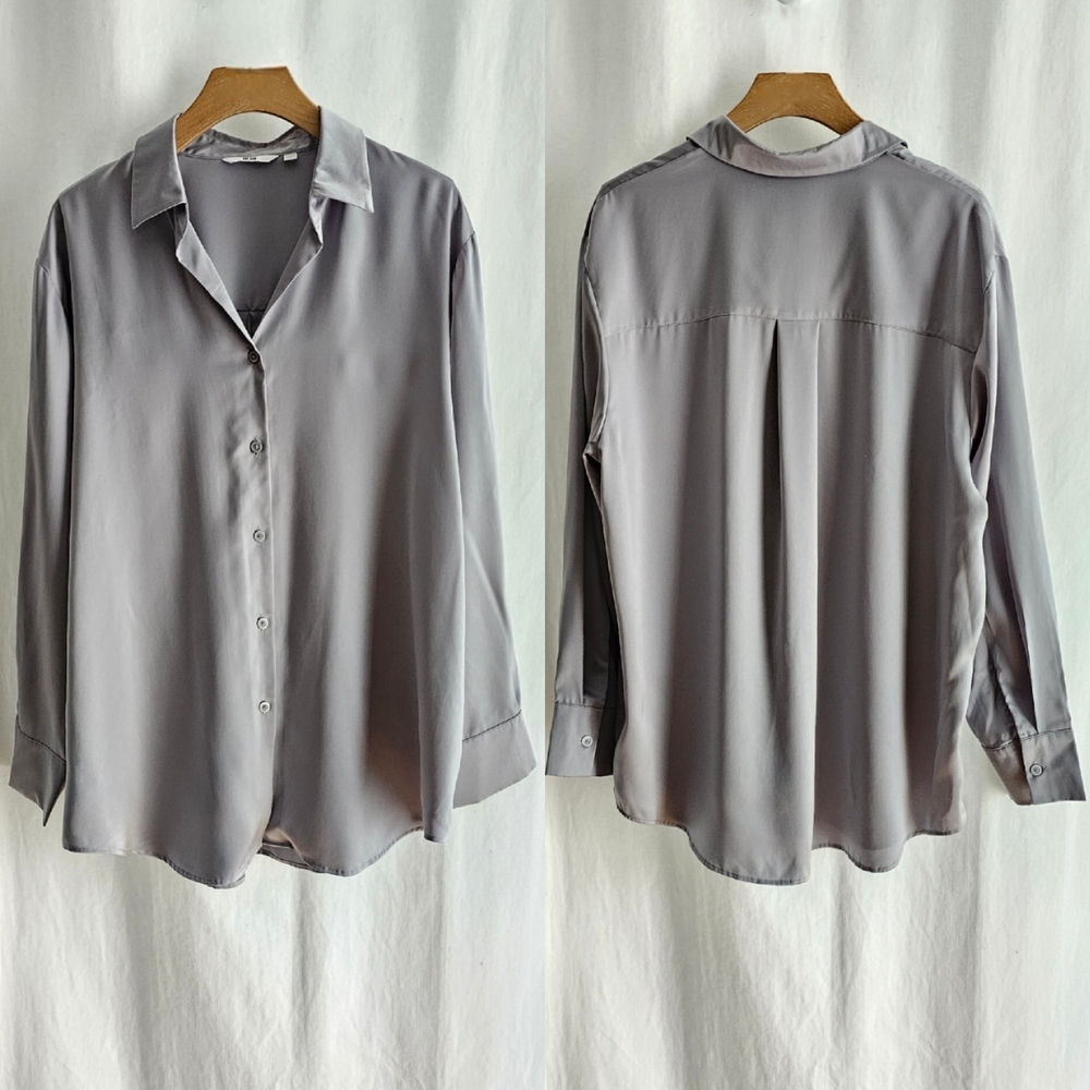 🇯🇵 Uniqlo Long Sleeve Grey Satin Button Blouse - Picture 11 of 16